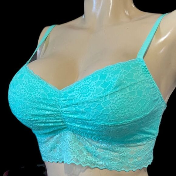 Victoria’s Secret Pink lace Unlined Ruched Front bralette bra green Large - Picture 1 of 3